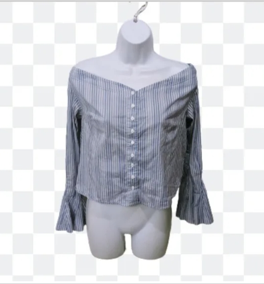 Free People Striped Blue Off Shoulder Blouse Bell Sleeve XS - Picture 14 of 14